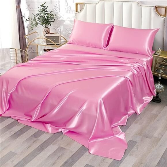 Twin Satin Sheets [3-Piece, Pink] Hotel Luxury Silky Bed Sheets - Microfiber - Picture 1 of 6